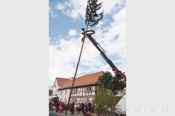 Viele Schaulustige betrachteten sich das Aufstellspektakel des mit Kranz, Kerbebopp und lila-gelben B&auml;ndern geschm&uuml;ckten Kerbebaumes.