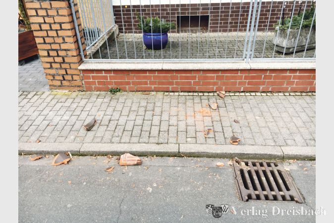 Tr&uuml;mmer auf dem Gehweg und am Stra&szlig;enrand &ndash; dieser Ziegel, von einer Wirbelschleppe vom Hausdach &uuml;ber den Vorgarten &bdquo;in die &Ouml;ffentlichkeit&ldquo; bef&ouml;rdert, h&auml;tte auch wesentlich gr&ouml;&szlig;eren Schaden anrichten k&ouml;nnen.
(Foto: F. Treml)