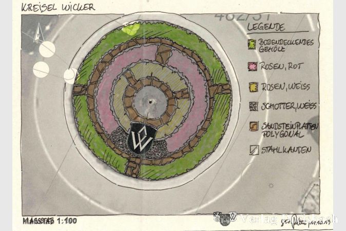 So könnte die Mitte des Kreisels in der Kirschgartenstraße aussehen – Im Ortsbeirat Wicker gab es für die recht konventionelle, dafür aber relativ kostengünstige und vor allem genehmigungsfähige Variante weder Lob noch Tadel.