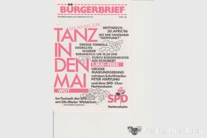 Mit diesem Bürgerbrief warb die Hattersheimer SPD im Jahr 1986 für die 1. Mai-Feier. Seinerzeit war der bekannte deutsche Schriftsteller Peter Härtling zu Gast am Okrifteler Wäldchen.