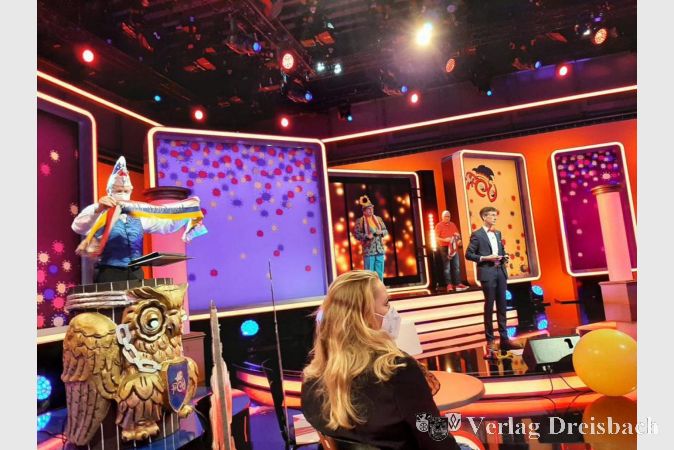 Proben für das Finale: Das Bild zeigt Protokoller Gregor Stark, "Patientin" Sabine Roth, Jürgen Wiesmann als "Ernst Lustig", Hans-Joachim Greb als "Hoppes" und Moderator Sascha Jung im HR-Studio.