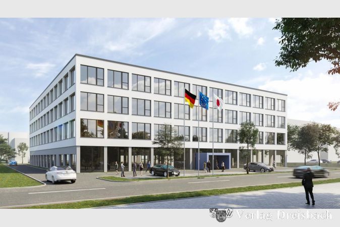 Die neu entstehende Europazentrale von Yaskawa im Industriepark Hattersheim als Gebäudesimulation.