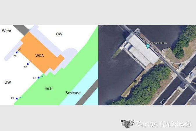 Die Fischaufstiegsanlage wird vier Einstiege (E1 bis E4) aufweisen: Kraftwerksnah am Ufer, abgerückt am Ufer, am Wehrpfeiler und am Kraftwerksfeld.