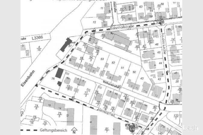 Der Übersichtsplan mit dem Geltungsbereich zwischen „Bahnhofstraße“, „Hasenpfad“ und „An der Lache“.