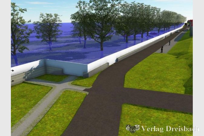 Großer Schutz durch die neue kombinierte Hochwasserschutzwand, bestehend aus fester Wand und mobilem Aufbau (hier in weiß dargestellt) im Bereich Ankerstraße und Mönchhofstraße.