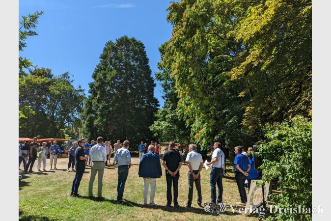 Der große, dunkelgrüne Mammutbaum im Freizeitpark (hier im Hintergrund beim Freizeitpark-Jubiläumsfest) wird in diesem überaus trockenen Sommer auch durch Bewässerung am Leben gehalten.