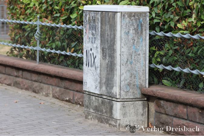 Bei vielen wie hier an der Jahnstraße sind aber weniger Tags oder Graffiti das Problem, vielmehr müsste mal jemand mit einem Schwamm und warmem Wasser vorbeikommen. Aber damit ist es "nix", wie es die linke Tür kundtut.