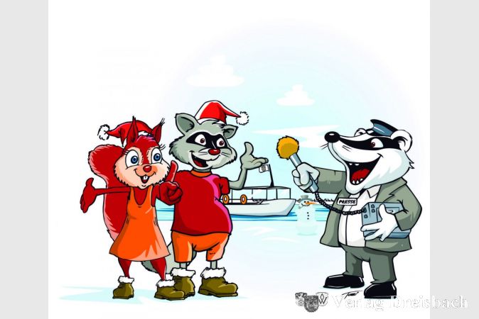 Von links nach rechts: Eichhörnchen und Waschbär im Gespräch mit Oskar Meierer, dem Dachs aus dem Okrifteler Wäldchen.