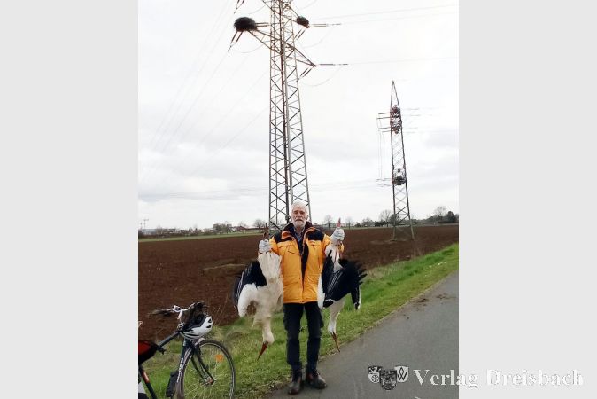 Bernd Zürn mit seinen beiden 'Pechvögeln'. Der Unfallort befindet sich auf einer Traverse links oben auf dem vorderen Starkstrommast.