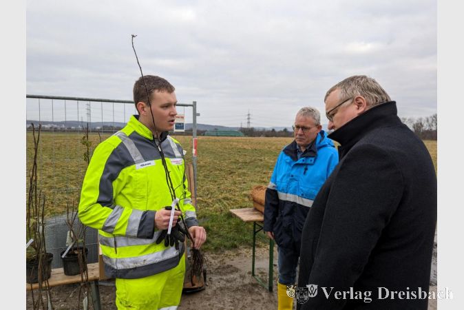 Stadtverordnetenvorsteher Georg Reuter (Mitte) und Bürgermeister Klaus Schindling (rechts) ließen sich die Baumarten erläutern, die am Samstag gepflanzt wurden.