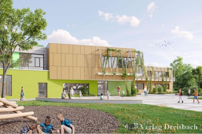 Visualisierung der Außenansicht der erweiterten Eddersheimer Grundschule.