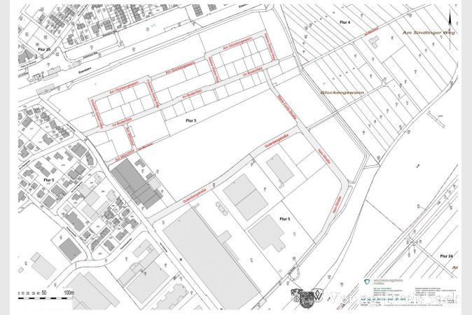 Karte der ursprünglich vom Gemeindevorstand vorgeschlagenen Straßennamen. Hier ergaben sich nun noch diverse Änderungen: Aus der "Marie-Curie-Straße" wird nun die "Lise-Meitner-Straße", aus "Im Bodenfeld" wird "Am Wäldchen" und die Verteilung der Namen der vier Mütter des Grundgesetzes wird verändert, so dass der Helene-Weber-Weg und der Helene-Wessel-Weg weiter auseinander liegen.