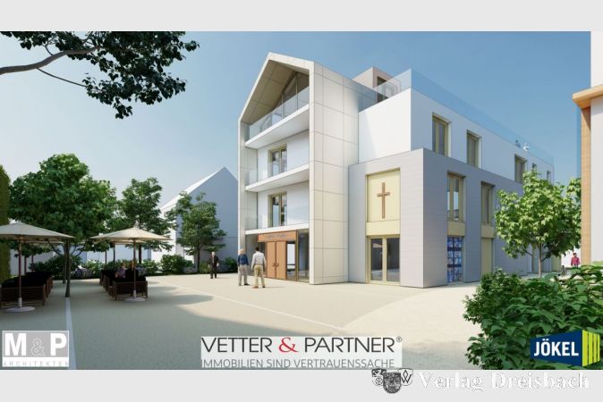 So soll das neue Gemeindezentrum im Haus 7 in Okriftel aussehen. Die Türe und Teile der Fenster von der Kirche Christ-König werden in das neue Gebäude integriert. Der zentrale Platz vor dem Haus und das Café laden zum Verweilen ein.
