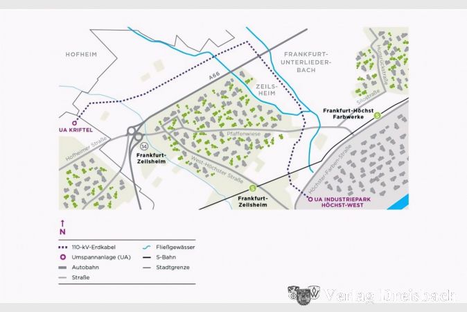 Verlauf des 110-kV-Hochspannungs-Erdkabel zwischen der Krifteler Umspannanlage im Läusgrund und der neuen Anlage im Industriepark Höchst.