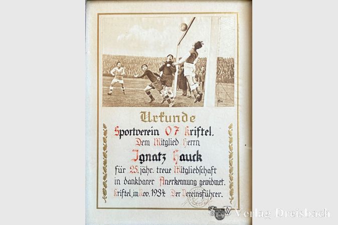 Urkunde des Sportvereins 07 Kriftel für Ignatz Hauck, 1934.