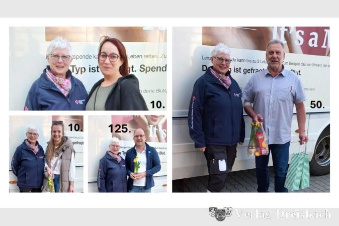 Foto: DRK
V.l.n.r.: Die Blutspende-Jubilare Elena Dierisch-Weiler, Natascha Lehmann, Dr. Daniel Fries und Klaus Trott.