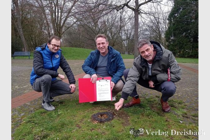 Foto: Gemeinde
V.l.n.r.: Torsten Horn vom Grünflächenamt, der Erste Beigeordnete Martin Mohr und Michael Knittel vom Bauamt auf dem Festplatz im Freizeitpark an einer möglichen neuen Pflanzstelle.