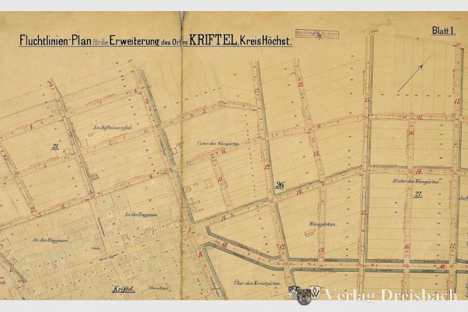 Foto: Heimatmuseum
Fluchtlinien-Plan zur Erweiterung Kriftels, 1910 (Ausschnitt).