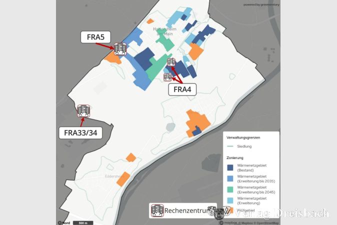 Foto: Stadt Hattersheim / HessenEnergie
Planung der Wärmenetzversorgung für das Jahr 2045. Die nicht farblich markierten Flächen stellen dezentrale Versorgungsgebiete dar.