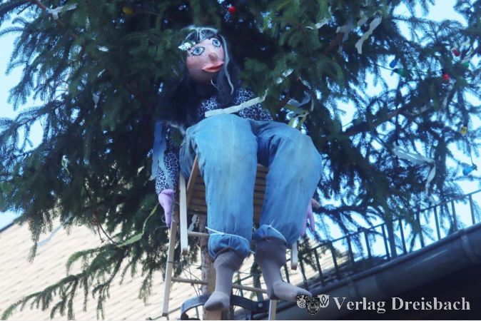 Foto: gus
Ein Beobachter des Feiergeschehens hat es sich bereits bequem gemacht: die Kerbepuppe wacht hoch oben im erneut aus Wicker übernommener Kerbebaum, der bereits am vorvergangenen Wochenende aufgestellt wurde.
