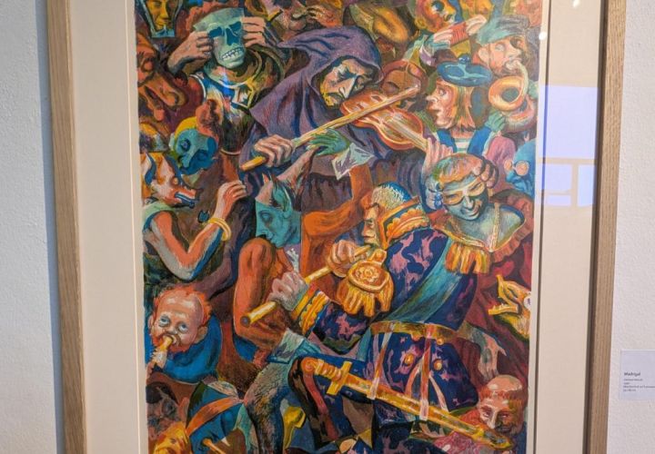 Foto: nab
Farbenfroh und voller Figuren: Das Werk „Madrigal“ von Gerhard Matzat gehört zu den privaten Kunstwerken, die für „PrivatArt“ vorübergehend ihren angestammten Platz verlassen haben.